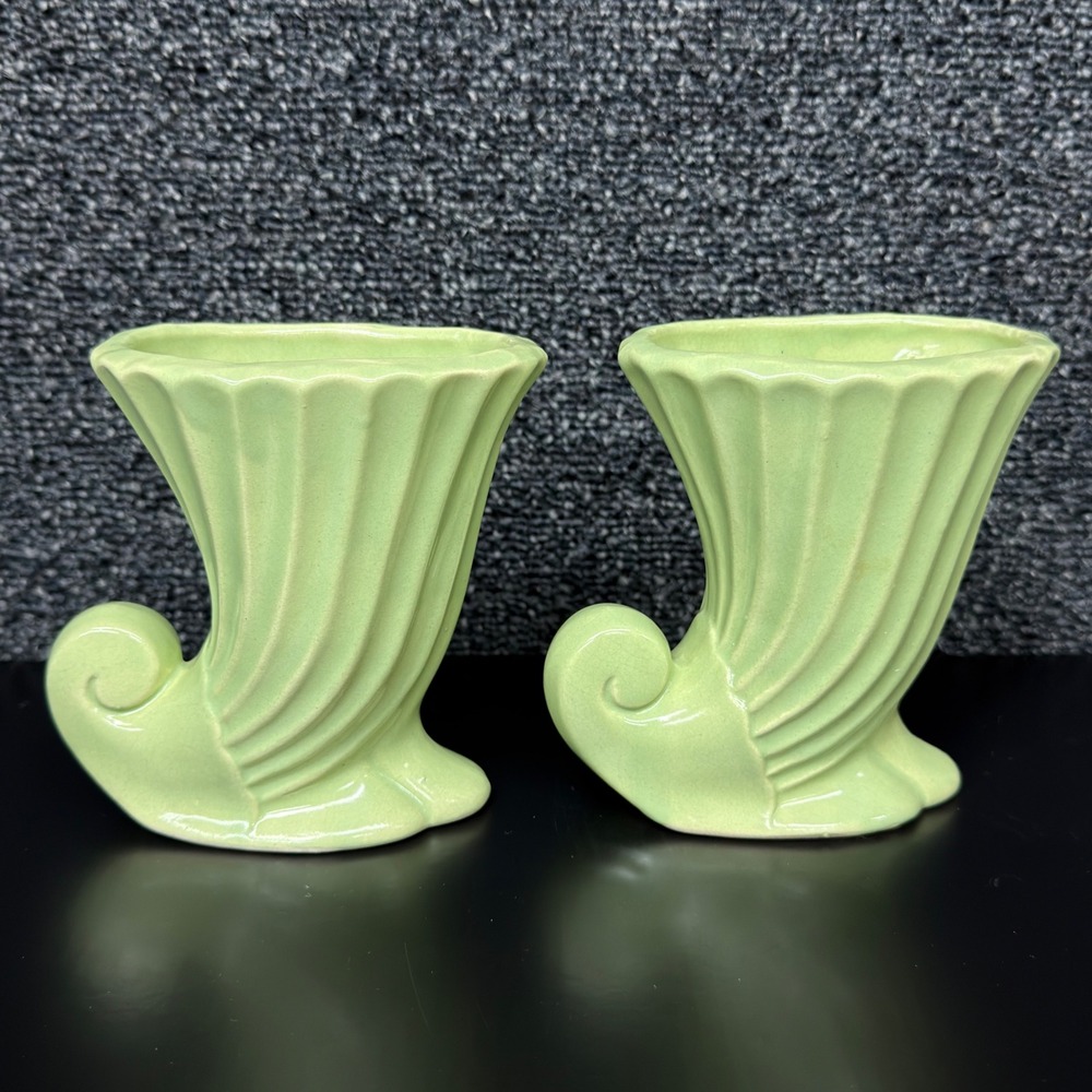 Vintage Green Ceramic Cornucopia Vase Set Mid Century Ribbed Scrolled Planter